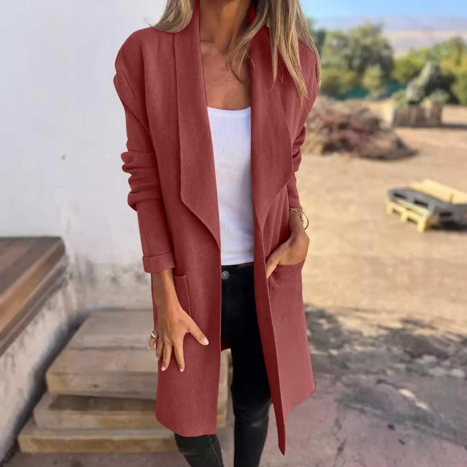 Trench Coat for Women 2024 Open Front Cardigan Lapel Pea Coat Wool Blend Long Coat Plus Size Winter Coat Casual Jackets