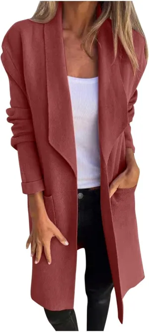 Trench Coat for Women 2024 Open Front Cardigan Lapel Pea Coat Wool Blend Long Coat Plus Size Winter Coat Casual Jackets