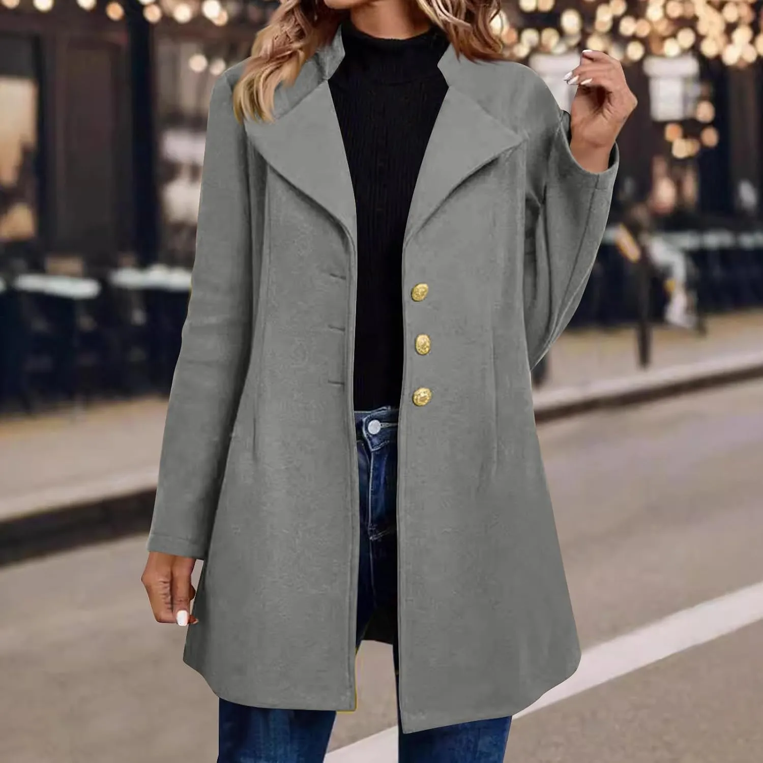 Trench Coat Women Fall Winter Notched Lapel Blazers Plus Size Soild Wool Blend Overcoats Single-Breasted Pea Coat