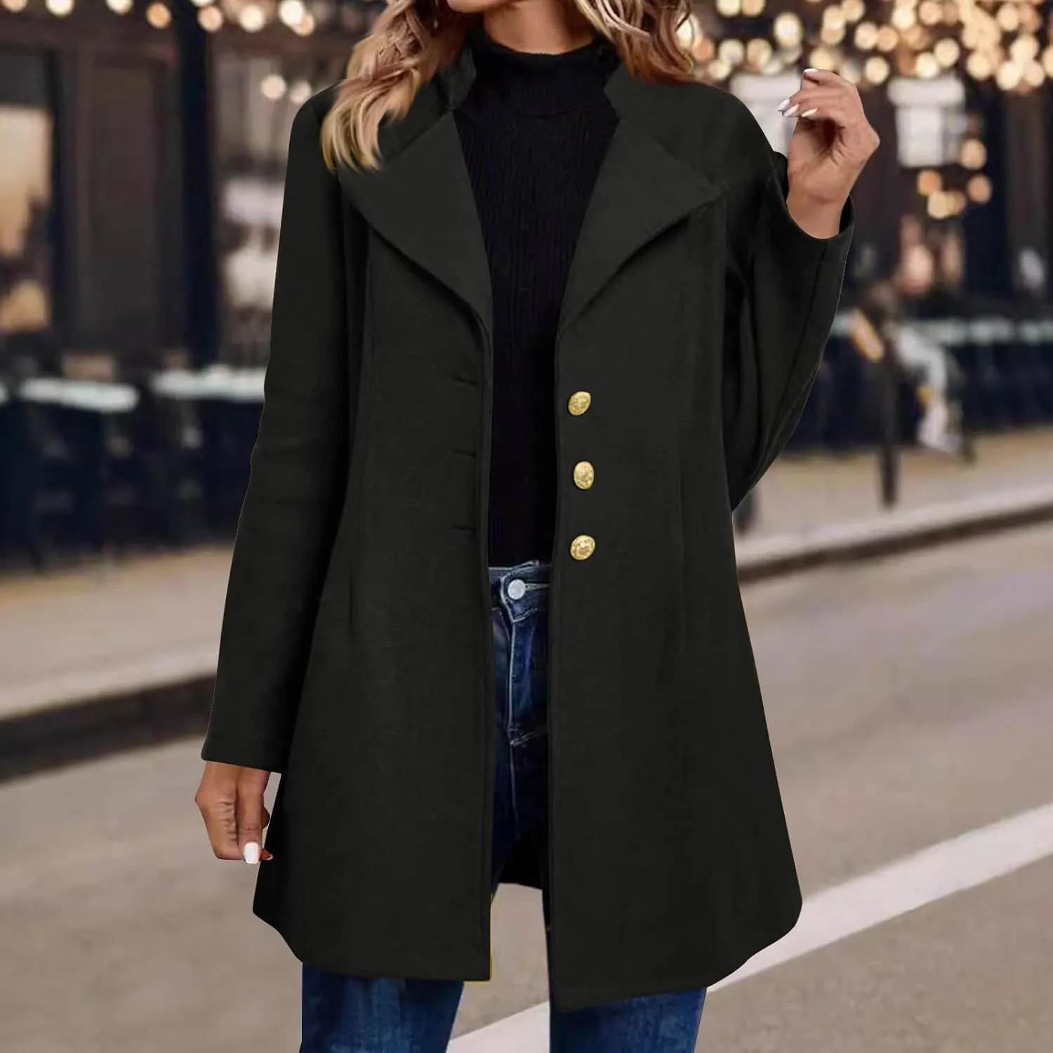 Trench Coat Women Fall Winter Notched Lapel Blazers Plus Size Soild Wool Blend Overcoats Single-Breasted Pea Coat