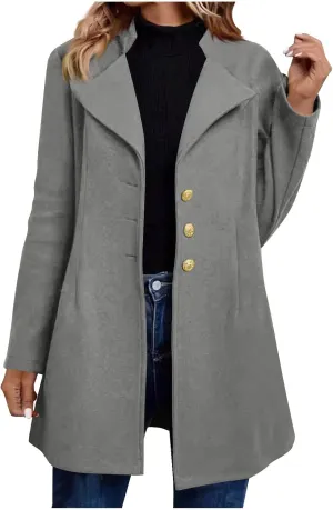 Trench Coat Women Fall Winter Notched Lapel Blazers Plus Size Soild Wool Blend Overcoats Single-Breasted Pea Coat
