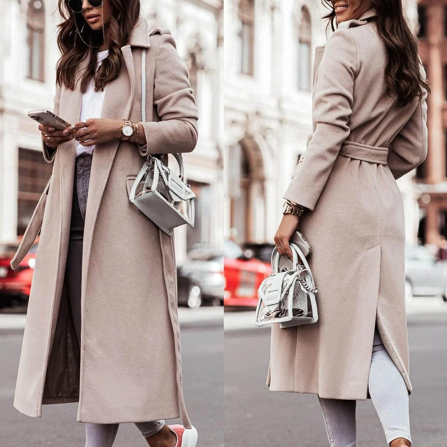 tuduoms Womens Ladies Long Trench Coat Wool Blend Pea Coat Warm Winter Belted Wrap Coats Outwear Cardigan Jacket Overcoat