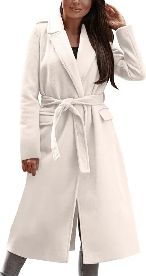 tuduoms Womens Ladies Long Trench Coat Wool Blend Pea Coat Warm Winter Belted Wrap Coats Outwear Cardigan Jacket Overcoat