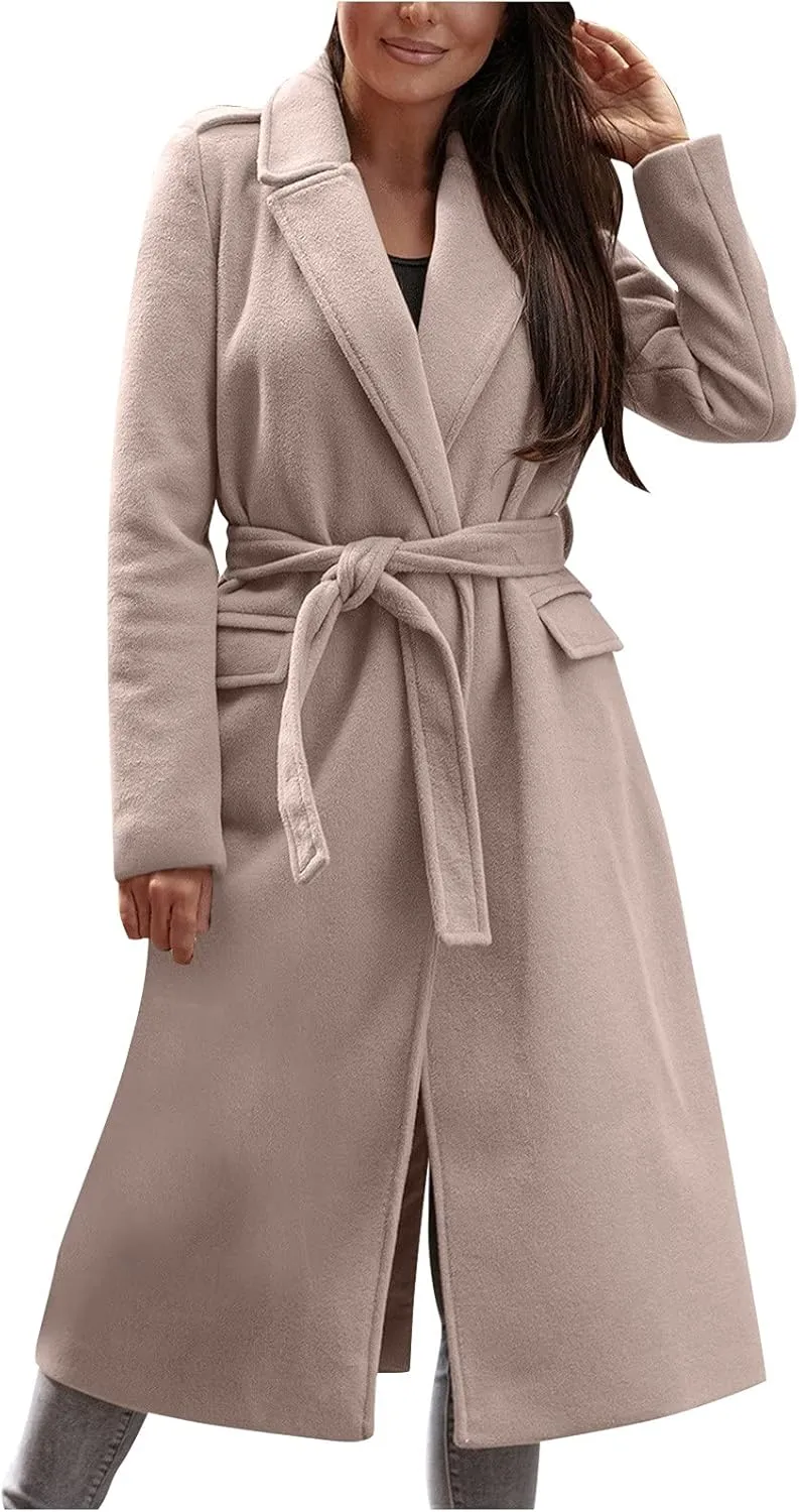 tuduoms Womens Ladies Long Trench Coat Wool Blend Pea Coat Warm Winter Belted Wrap Coats Outwear Cardigan Jacket Overcoat