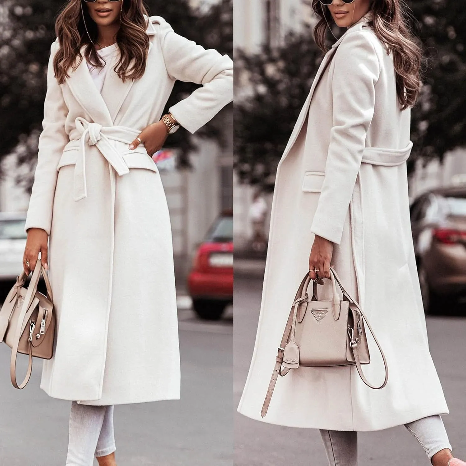 tuduoms Womens Ladies Long Trench Coat Wool Blend Pea Coat Warm Winter Belted Wrap Coats Outwear Cardigan Jacket Overcoat