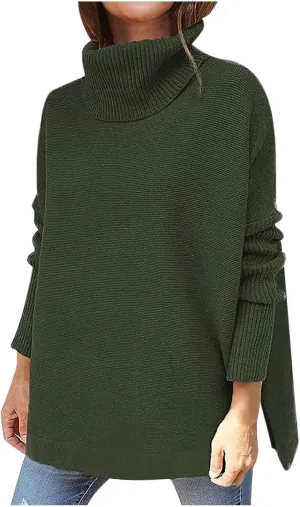 tuduoms Womens Oversized Sweaters Turtleneck Long Batwing Sleeve Asymmetric Hem Winter Pullover Sweater Knit Cardigan Tops