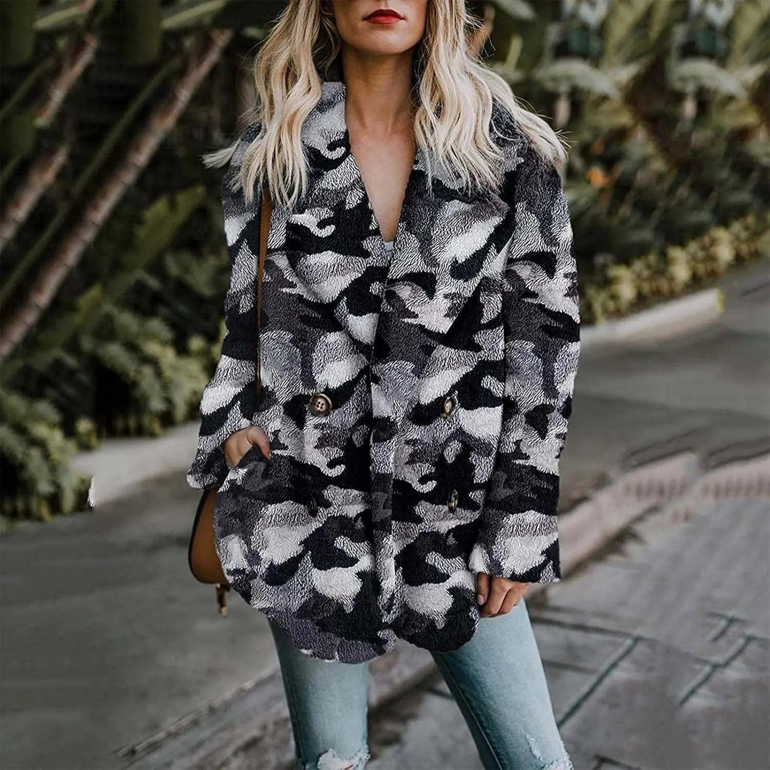 tuduoms Women's Wool Blend Coats Oversized Warm Fleece Shearling Jackets Como Tie Dye Print Button Down Outwear Teddy Coats