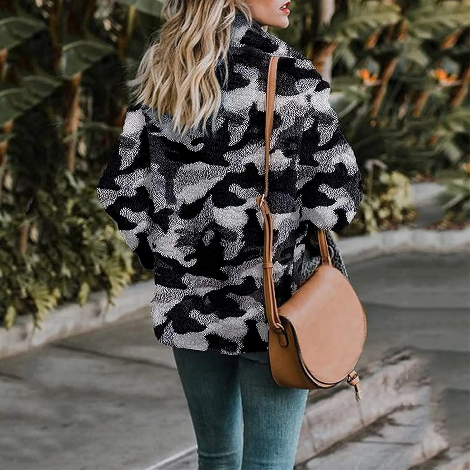 tuduoms Women's Wool Blend Coats Oversized Warm Fleece Shearling Jackets Como Tie Dye Print Button Down Outwear Teddy Coats