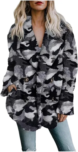 tuduoms Women's Wool Blend Coats Oversized Warm Fleece Shearling Jackets Como Tie Dye Print Button Down Outwear Teddy Coats