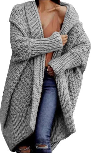 TUNUSKAT Womens Oversized Gray Cardigan Sweaters Fall Winter Fashion Cable Sweater Mid-Length Chunky Open Front Plain Outwear