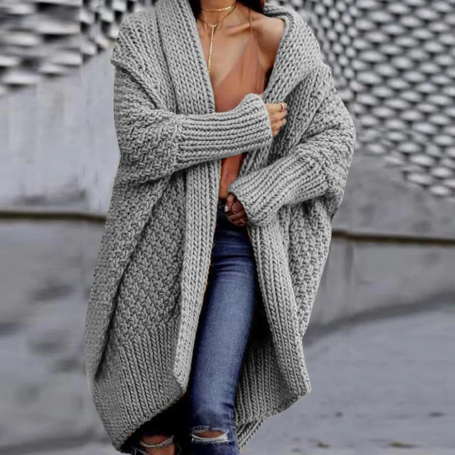 TUNUSKAT Womens Oversized Gray Cardigan Sweaters Fall Winter Fashion Cable Sweater Mid-Length Chunky Open Front Plain Outwear