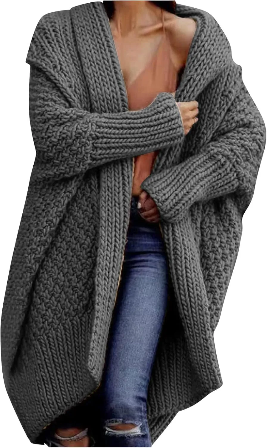 TUNUSKAT Womens Oversized Gray Cardigan Sweaters Fall Winter Fashion Cable Sweater Mid-Length Chunky Open Front Plain Outwear