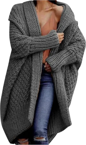 TUNUSKAT Womens Oversized Gray Cardigan Sweaters Fall Winter Fashion Cable Sweater Mid-Length Chunky Open Front Plain Outwear