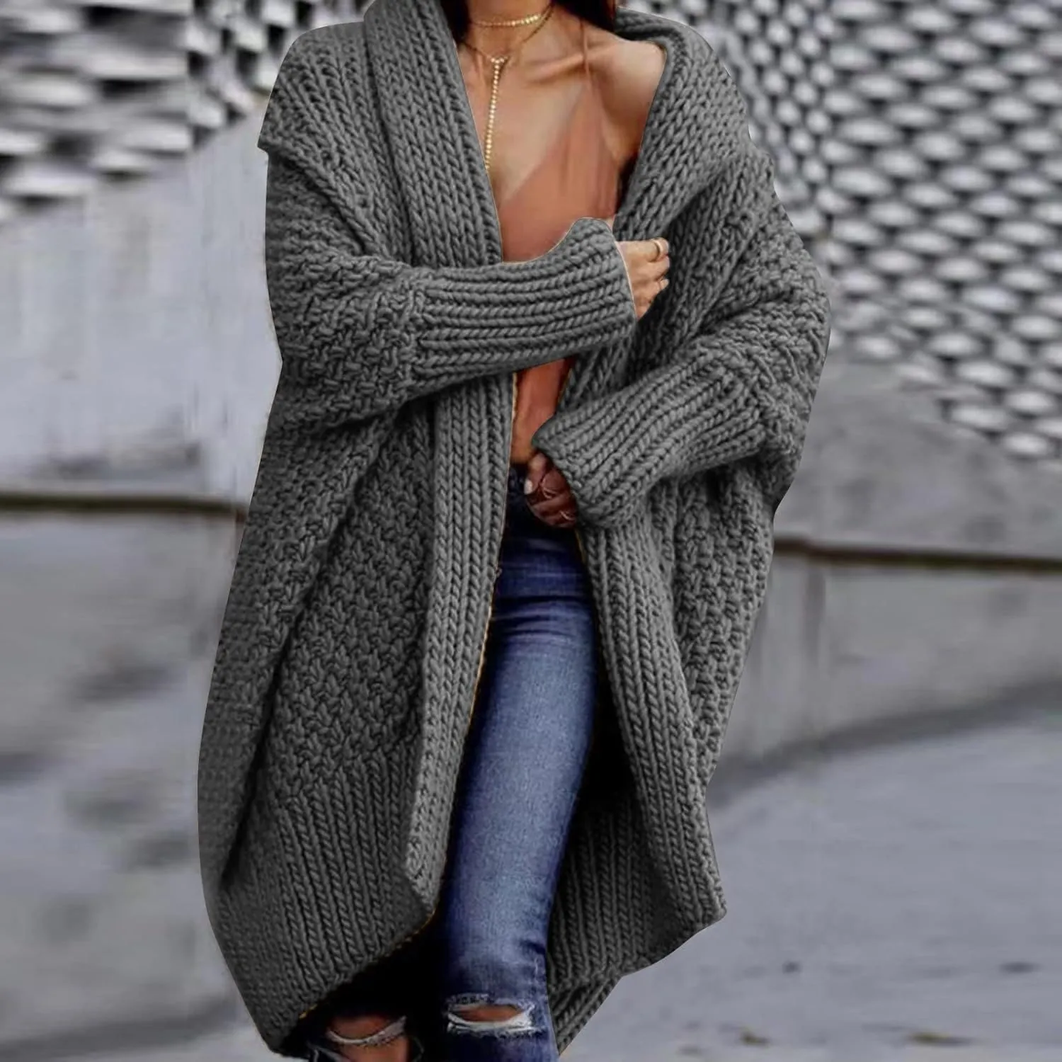 TUNUSKAT Womens Oversized Gray Cardigan Sweaters Fall Winter Fashion Cable Sweater Mid-Length Chunky Open Front Plain Outwear