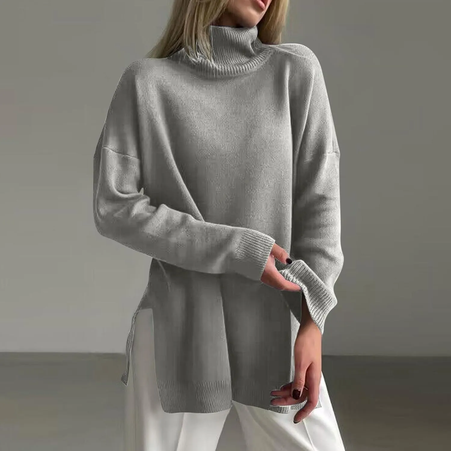 Turtleneck Sweater for Women Plus Size Fall 2024 Side Split Loose Pullover Tops Winter Solid Color Oversized Sweaters