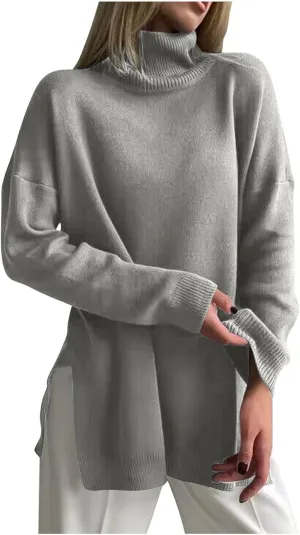 Turtleneck Sweater for Women Plus Size Fall 2024 Side Split Loose Pullover Tops Winter Solid Color Oversized Sweaters