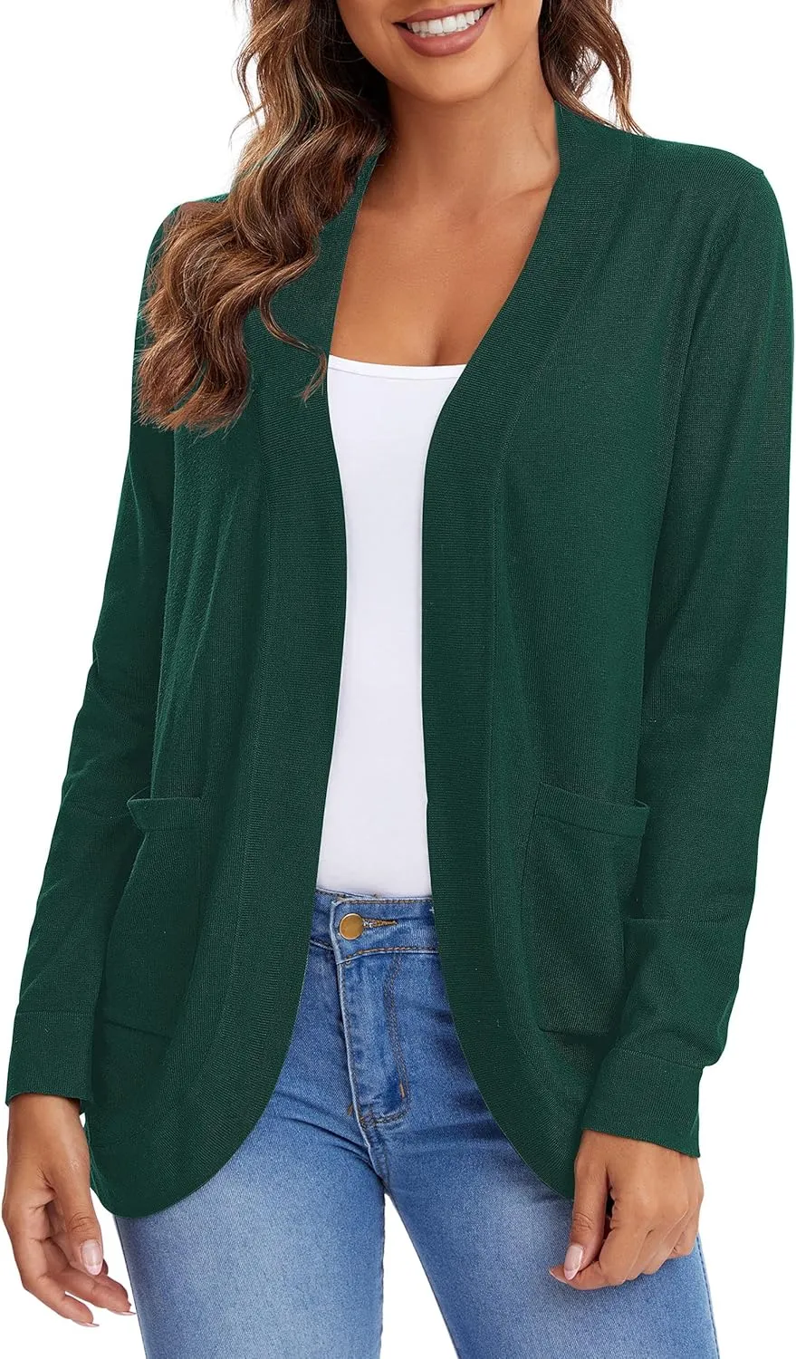 Urban CoCo Women's Long Sleeve Knit Sweater Cardigans Curved Hem Open Front with Pockets