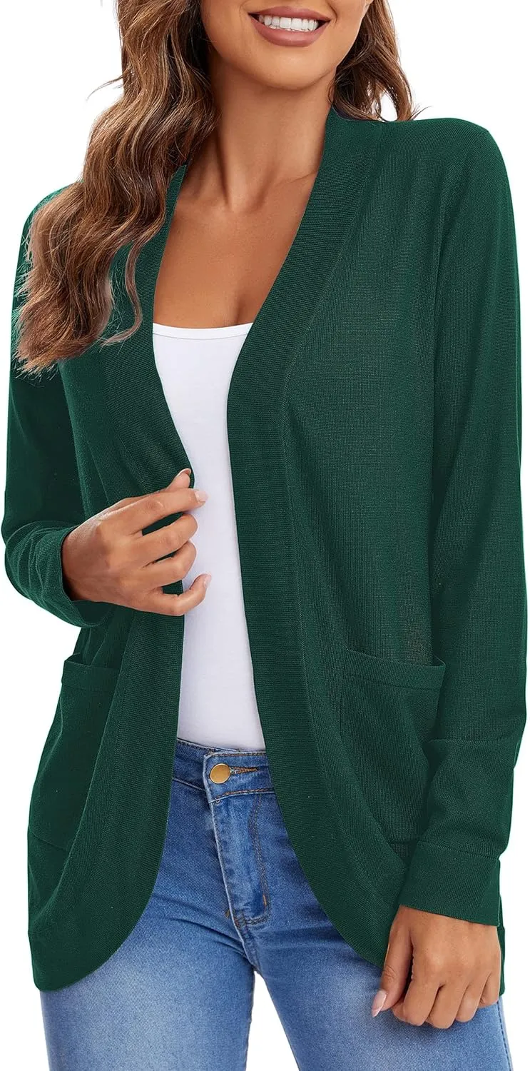 Urban CoCo Women's Long Sleeve Knit Sweater Cardigans Curved Hem Open Front with Pockets