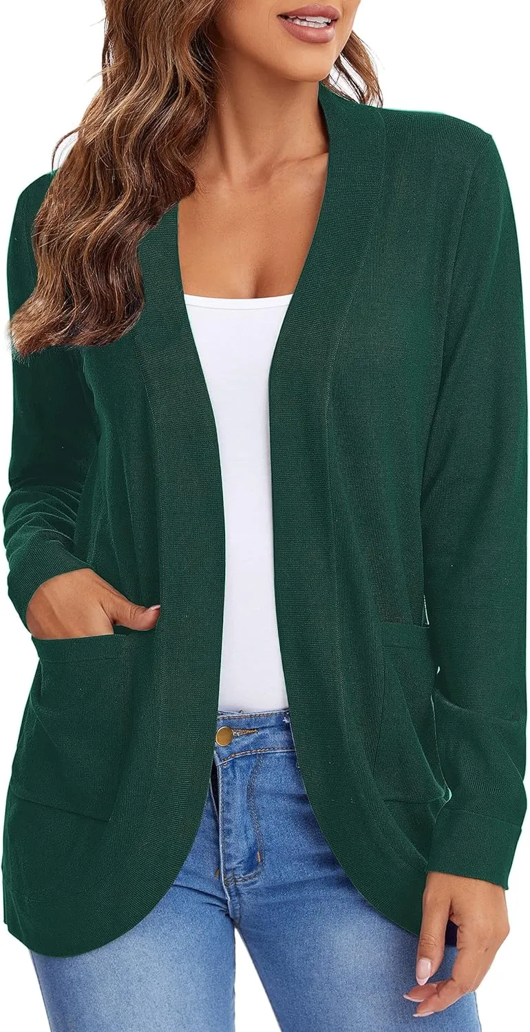 Urban CoCo Women's Long Sleeve Knit Sweater Cardigans Curved Hem Open Front with Pockets