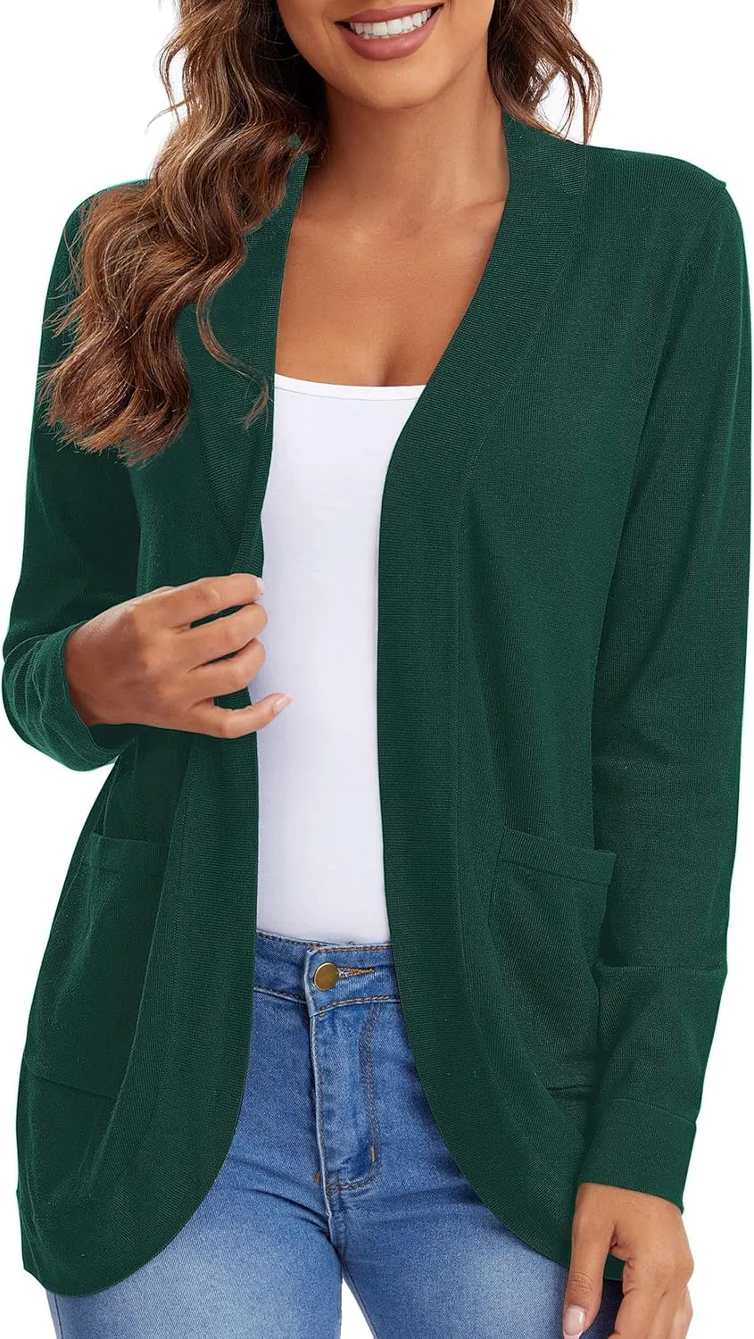 Urban CoCo Women's Long Sleeve Knit Sweater Cardigans Curved Hem Open Front with Pockets