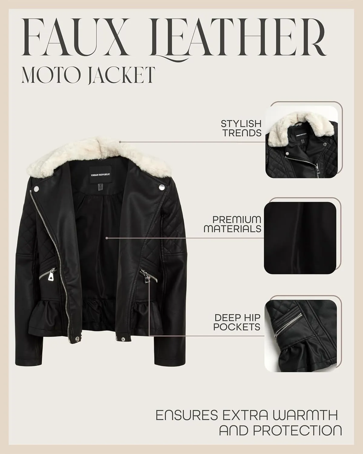 URBAN REPUBLIC Girls' Moto Jacket - Full Zip PU Faux Leather Motorcycle Biker Outerwear Jackets for Girls (Sizes: 4-16)