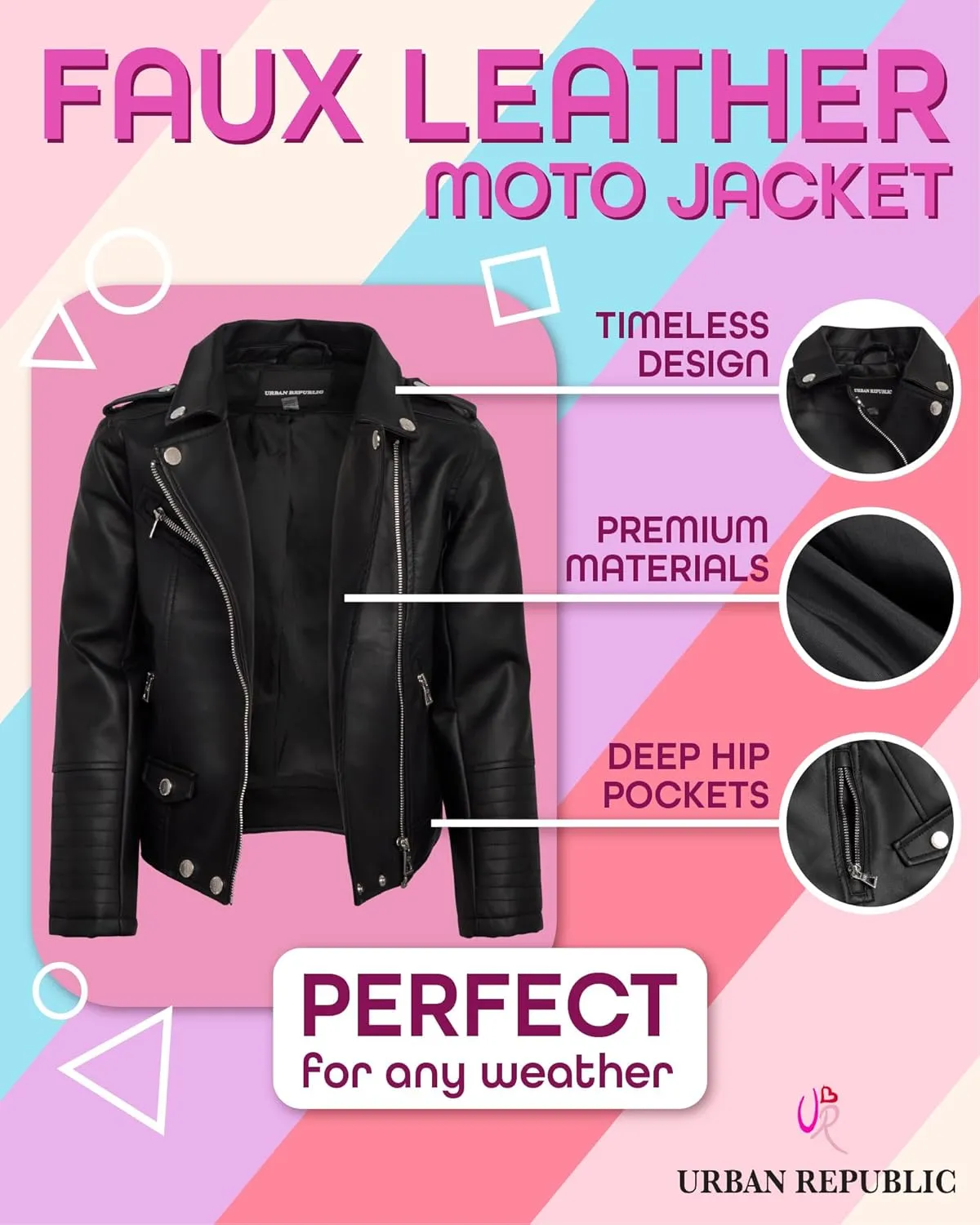URBAN REPUBLIC Girls' Moto Jacket - Full Zip PU Faux Leather Motorcycle Biker Outerwear Jackets for Girls (Sizes: 4-16)