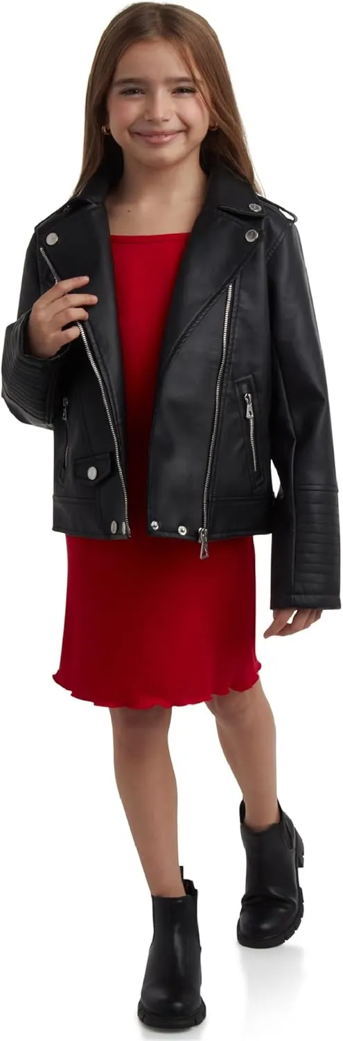 URBAN REPUBLIC Girls' Moto Jacket - Full Zip PU Faux Leather Motorcycle Biker Outerwear Jackets for Girls (Sizes: 4-16)