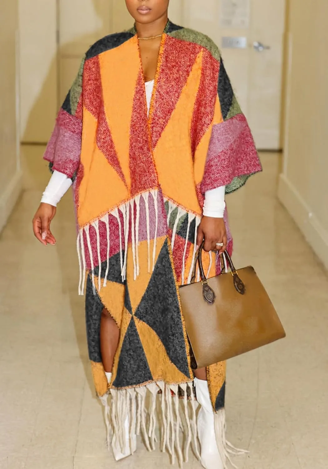 Vakkest Open Front Tassel Sweater Cardigan for Women Color Block Cozy Chunky Knit Fringe Wrap Duster Kimono Trench Coat