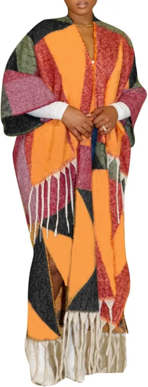 Vakkest Open Front Tassel Sweater Cardigan for Women Color Block Cozy Chunky Knit Fringe Wrap Duster Kimono Trench Coat