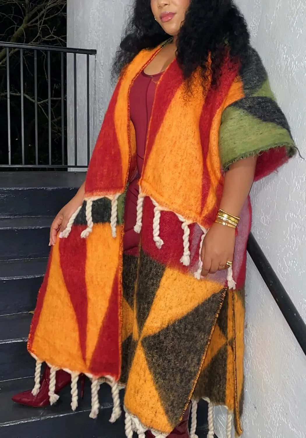 Vakkest Open Front Tassel Sweater Cardigan for Women Color Block Cozy Chunky Knit Fringe Wrap Duster Kimono Trench Coat