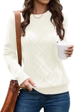 VIISHOW Women's Long Sleeve Cable Knit Pullover Sweater Cream Sweater Crew Neck Casual Fall Winter Chunky Knit Pullover Tops