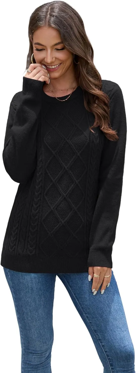VIISHOW Women's Long Sleeve Cable Knit Pullover Sweater Cream Sweater Crew Neck Casual Fall Winter Chunky Knit Pullover Tops