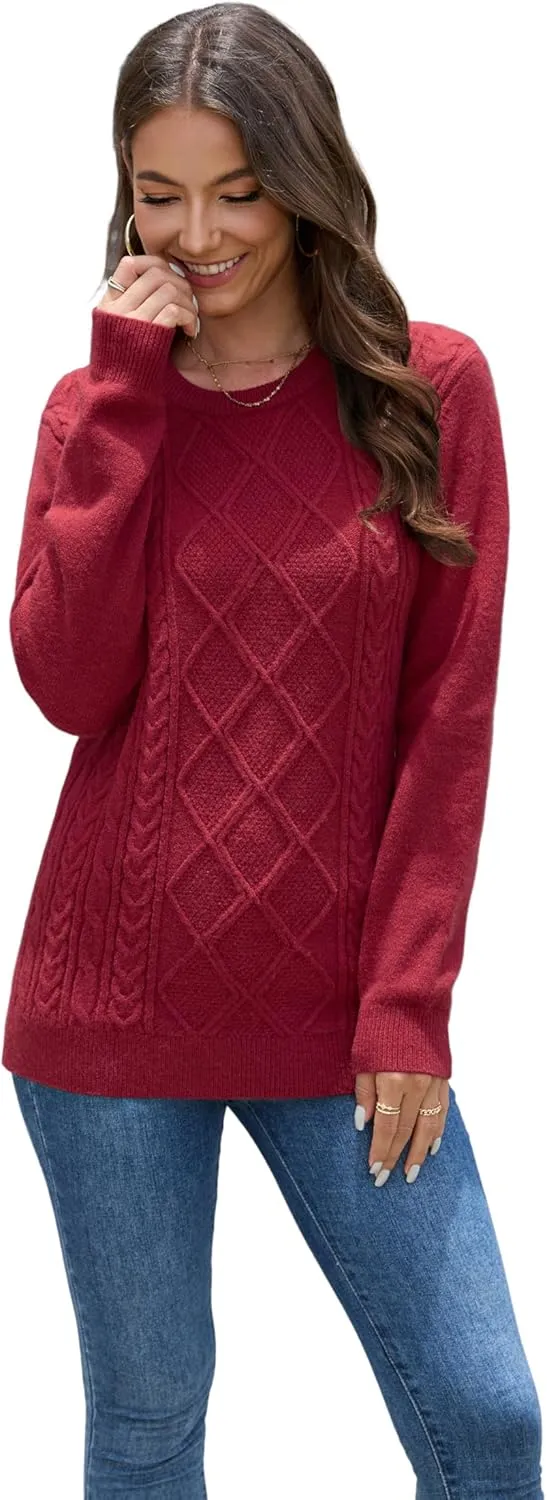 VIISHOW Women's Long Sleeve Cable Knit Pullover Sweater Cream Sweater Crew Neck Casual Fall Winter Chunky Knit Pullover Tops