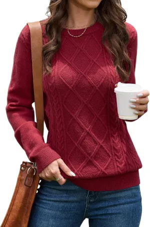 VIISHOW Women's Long Sleeve Cable Knit Pullover Sweater Cream Sweater Crew Neck Casual Fall Winter Chunky Knit Pullover Tops