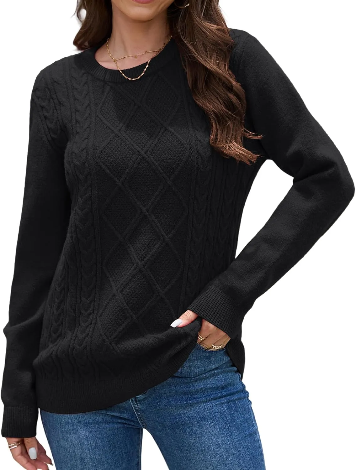 VIISHOW Women's Long Sleeve Cable Knit Pullover Sweater Cream Sweater Crew Neck Casual Fall Winter Chunky Knit Pullover Tops