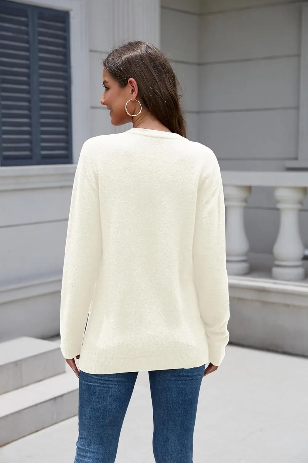 VIISHOW Women's Long Sleeve Cable Knit Pullover Sweater Cream Sweater Crew Neck Casual Fall Winter Chunky Knit Pullover Tops