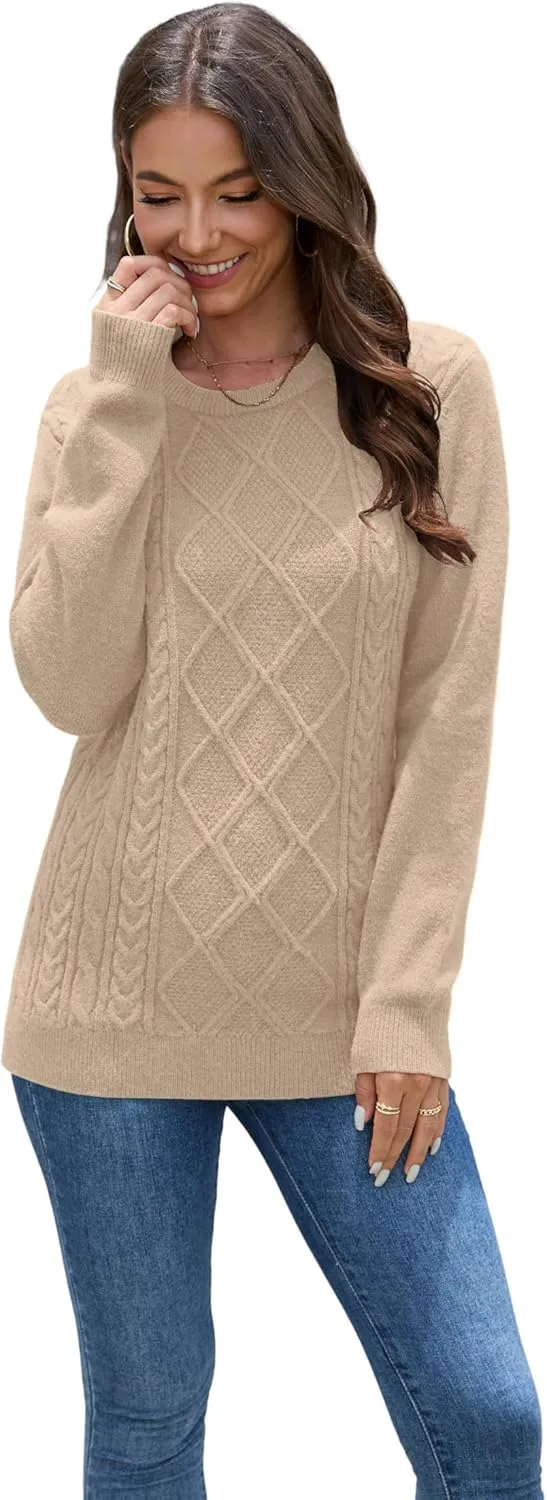 VIISHOW Women's Long Sleeve Cable Knit Pullover Sweater Cream Sweater Crew Neck Casual Fall Winter Chunky Knit Pullover Tops