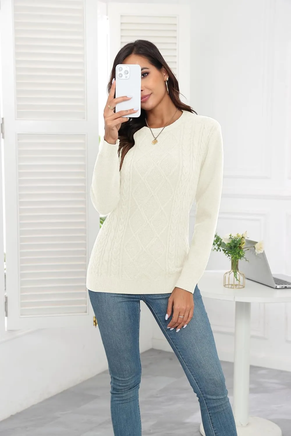 VIISHOW Women's Long Sleeve Cable Knit Pullover Sweater Cream Sweater Crew Neck Casual Fall Winter Chunky Knit Pullover Tops