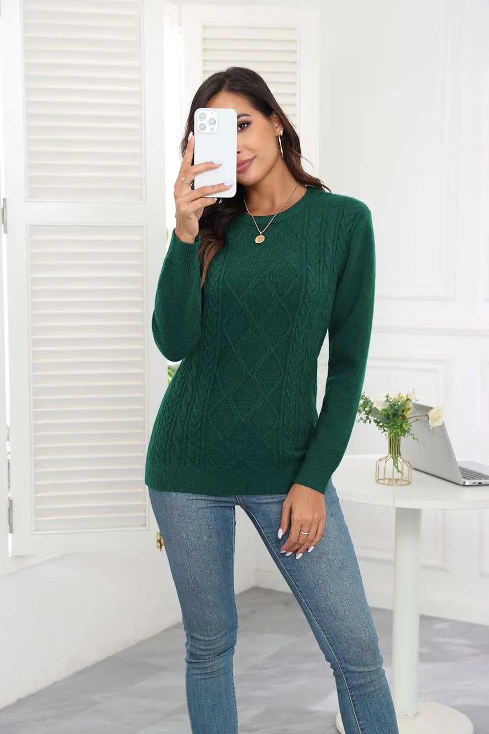 VIISHOW Women's Long Sleeve Cable Knit Pullover Sweater Cream Sweater Crew Neck Casual Fall Winter Chunky Knit Pullover Tops