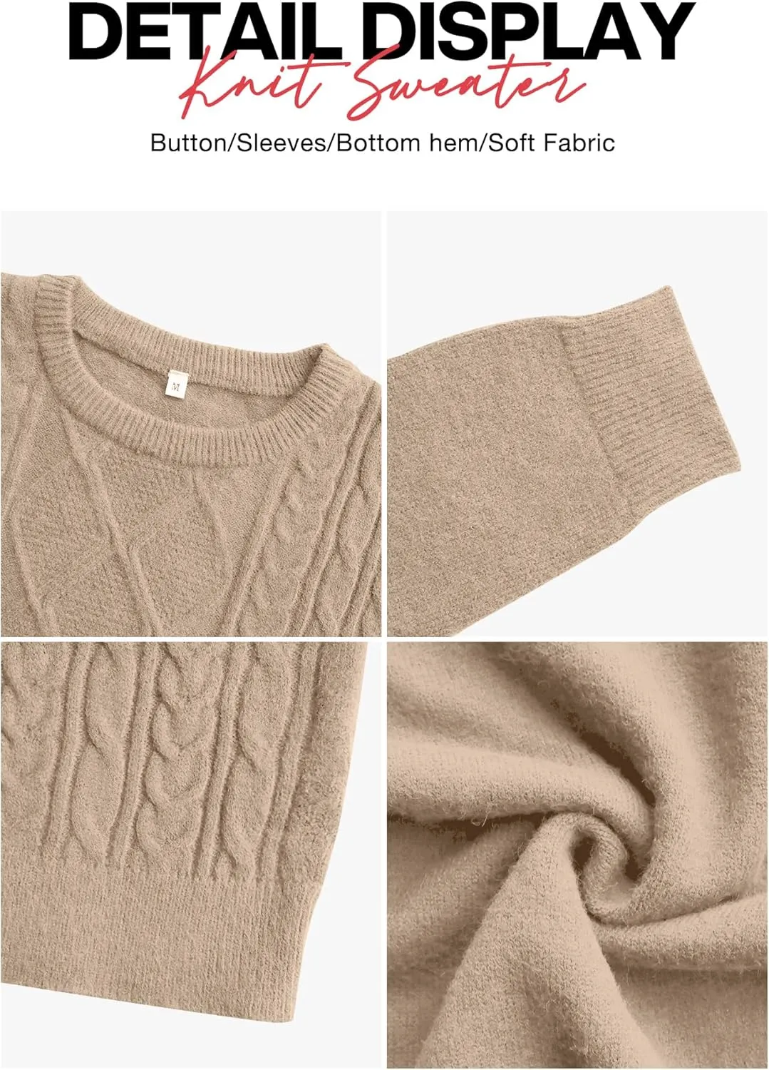 VIISHOW Women's Long Sleeve Cable Knit Pullover Sweater Cream Sweater Crew Neck Casual Fall Winter Chunky Knit Pullover Tops
