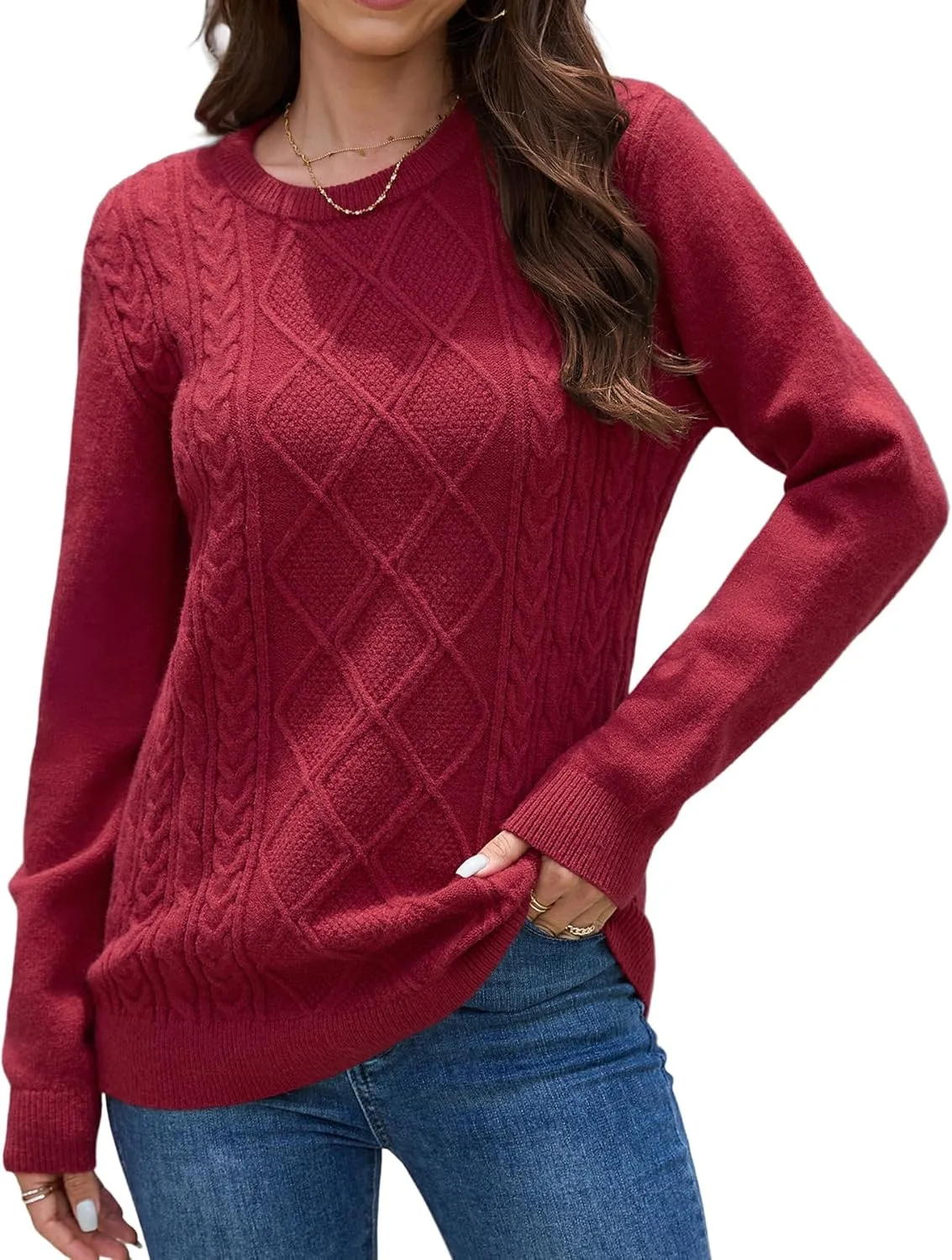 VIISHOW Women's Long Sleeve Cable Knit Pullover Sweater Cream Sweater Crew Neck Casual Fall Winter Chunky Knit Pullover Tops