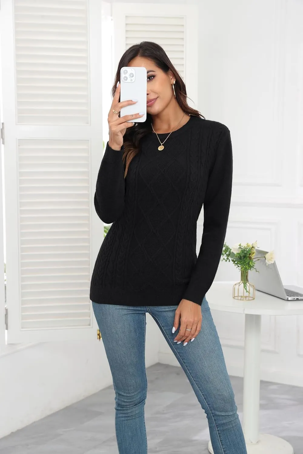 VIISHOW Women's Long Sleeve Cable Knit Pullover Sweater Cream Sweater Crew Neck Casual Fall Winter Chunky Knit Pullover Tops
