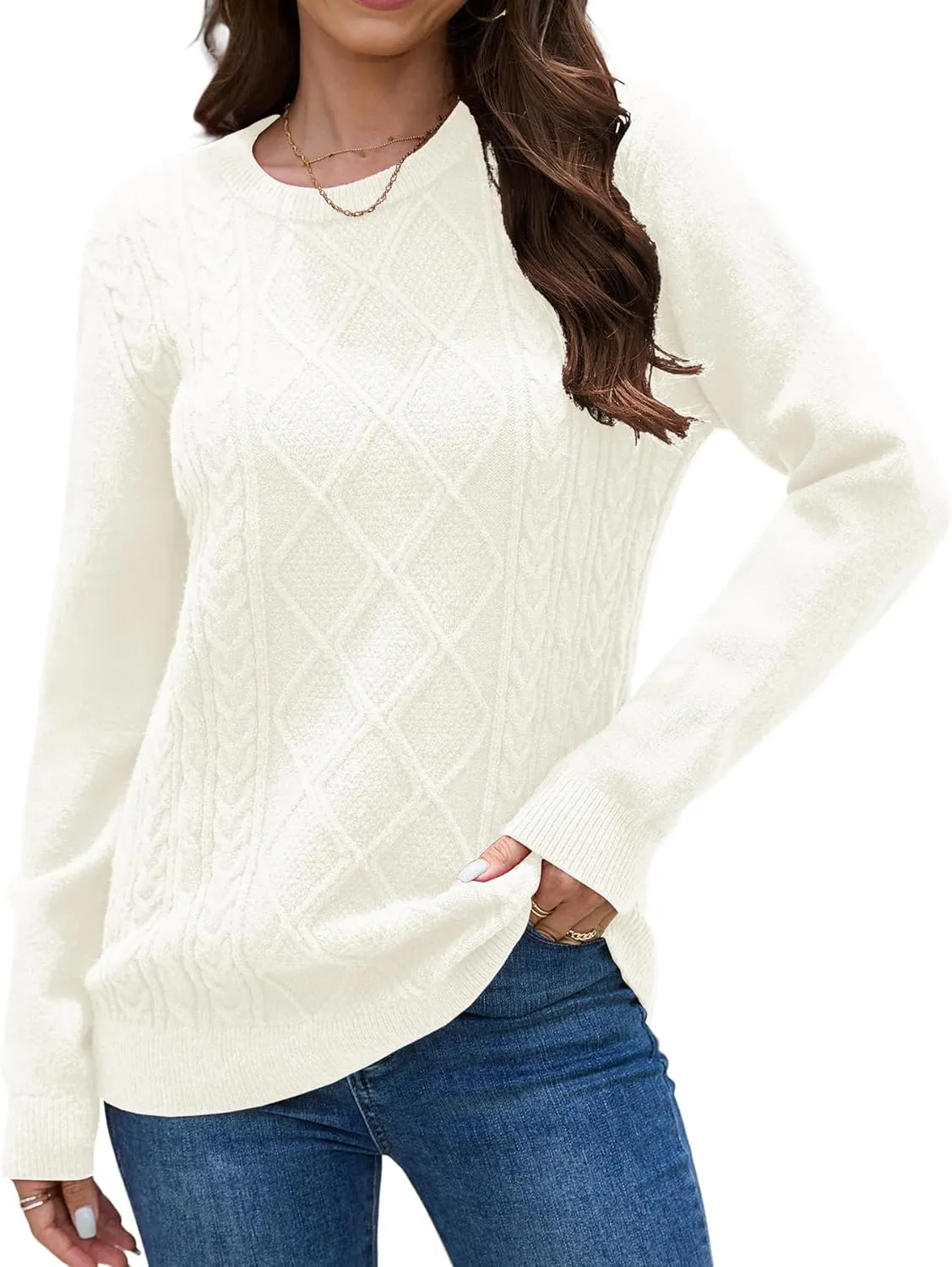 VIISHOW Women's Long Sleeve Cable Knit Pullover Sweater Cream Sweater Crew Neck Casual Fall Winter Chunky Knit Pullover Tops