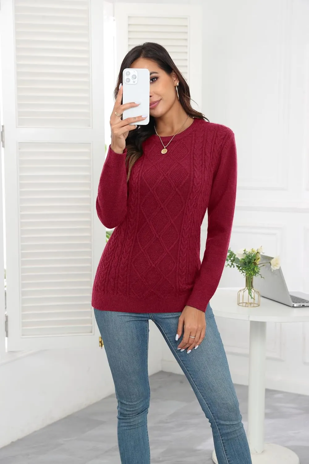 VIISHOW Women's Long Sleeve Cable Knit Pullover Sweater Cream Sweater Crew Neck Casual Fall Winter Chunky Knit Pullover Tops
