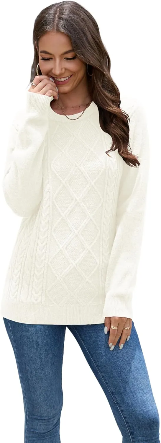 VIISHOW Women's Long Sleeve Cable Knit Pullover Sweater Cream Sweater Crew Neck Casual Fall Winter Chunky Knit Pullover Tops
