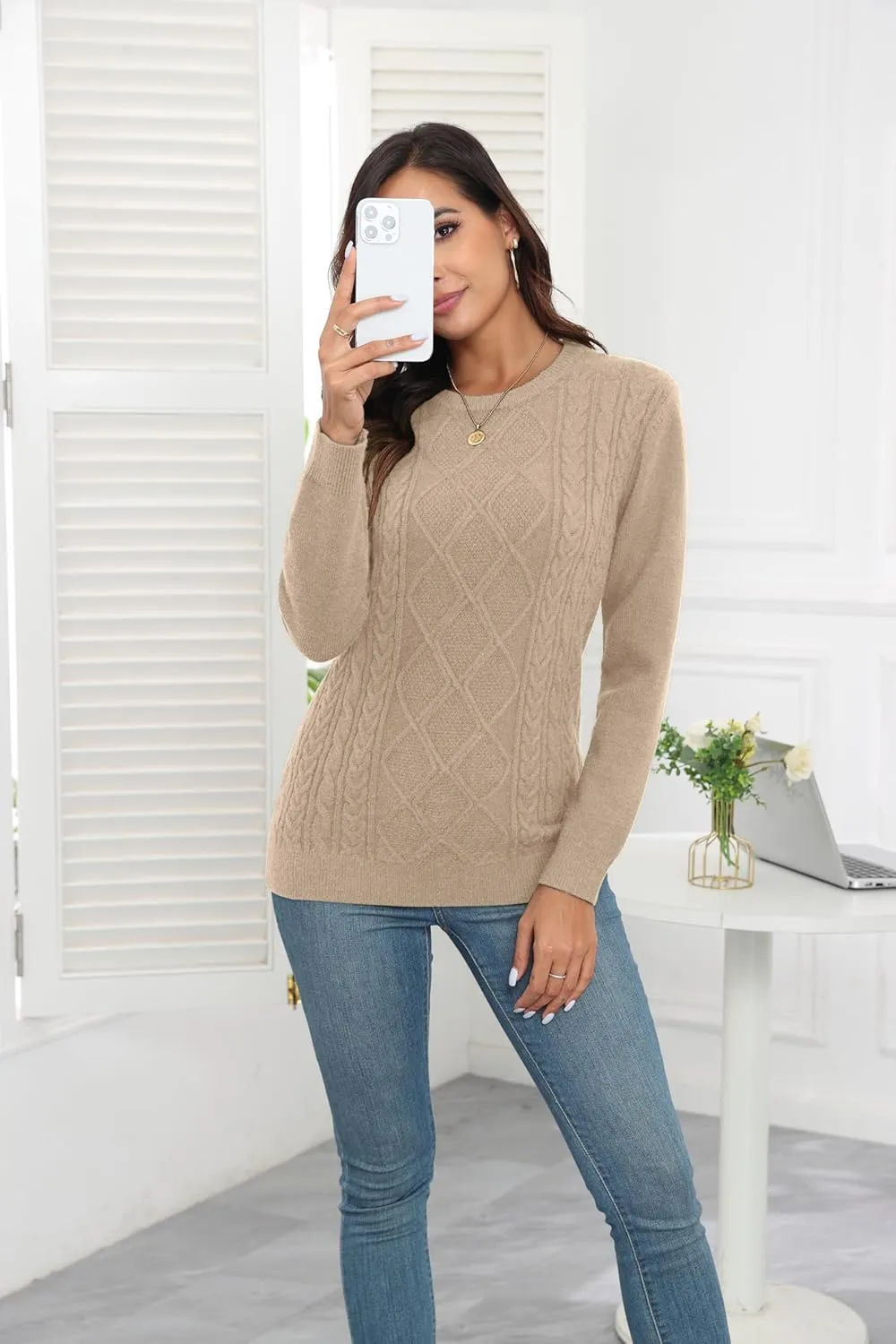 VIISHOW Women's Long Sleeve Cable Knit Pullover Sweater Cream Sweater Crew Neck Casual Fall Winter Chunky Knit Pullover Tops