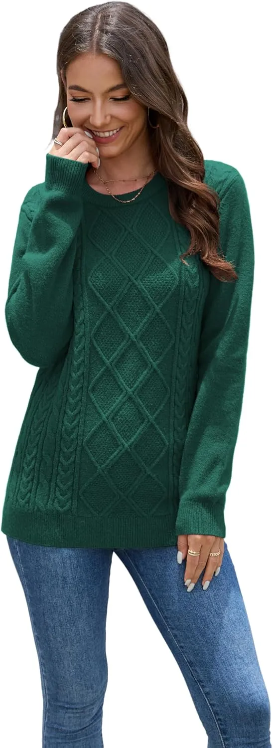 VIISHOW Women's Long Sleeve Cable Knit Pullover Sweater Cream Sweater Crew Neck Casual Fall Winter Chunky Knit Pullover Tops