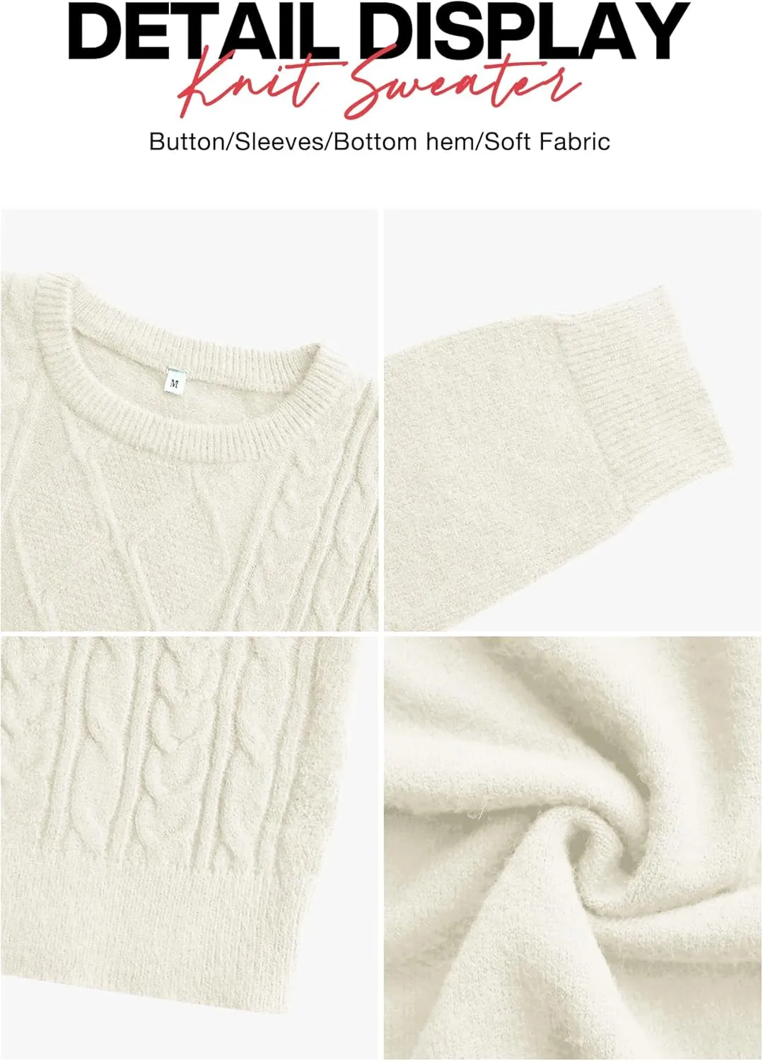VIISHOW Women's Long Sleeve Cable Knit Pullover Sweater Cream Sweater Crew Neck Casual Fall Winter Chunky Knit Pullover Tops