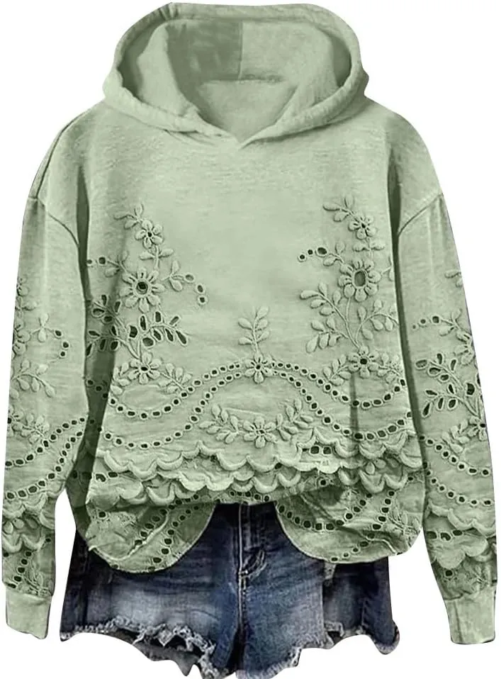 Vintage Floral Embroidery Art Cozy Women Hoodie Fleece Sweatshirt Long Sleeve Shirt Pullover Fall Winter Outfits 2024