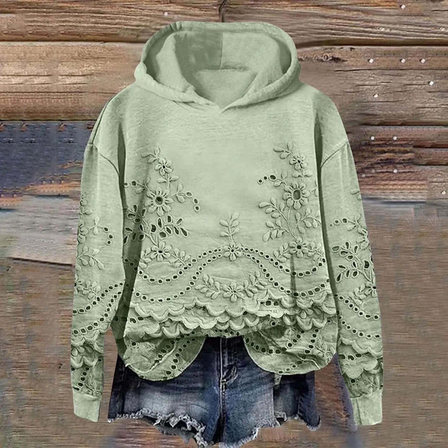 Vintage Floral Embroidery Art Cozy Women Hoodie Fleece Sweatshirt Long Sleeve Shirt Pullover Fall Winter Outfits 2024
